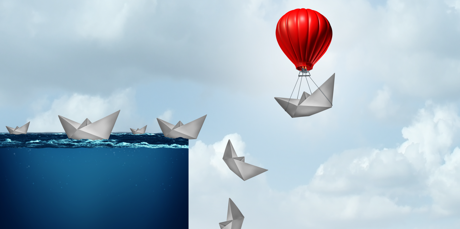 3D concept image of paper boats falling of edge of water with one floating away with red ballon